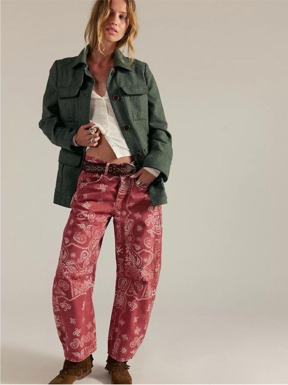 We The Free People Good Luck Printed Barrel Jeans in Rust Combo / Bandana Block